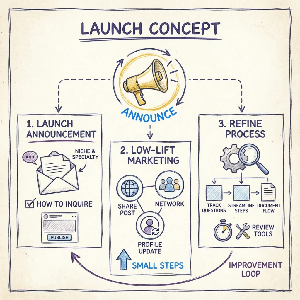 A sketched-style concept graphic illustrating the 3-step process for a business launch, including the initial announcement, low-lift marketing activities, and how to refine the process for growth.