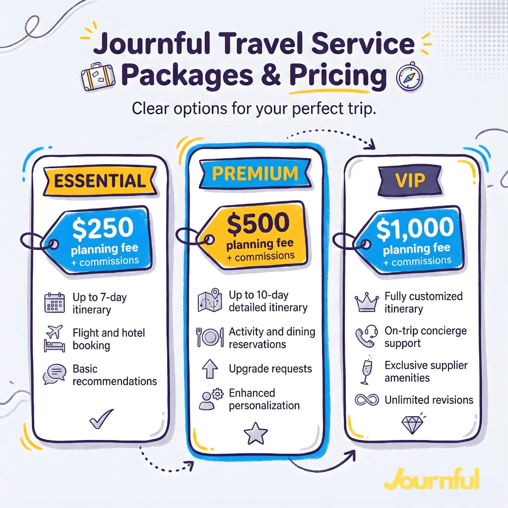 Three-tier travel advisor service packages and pricing model. Shows tiers: Essential ($250 fee), Premium ($500 fee), and VIP ($1,000 fee), detailing included services, planning fees, and commissions for a luxury travel planner.