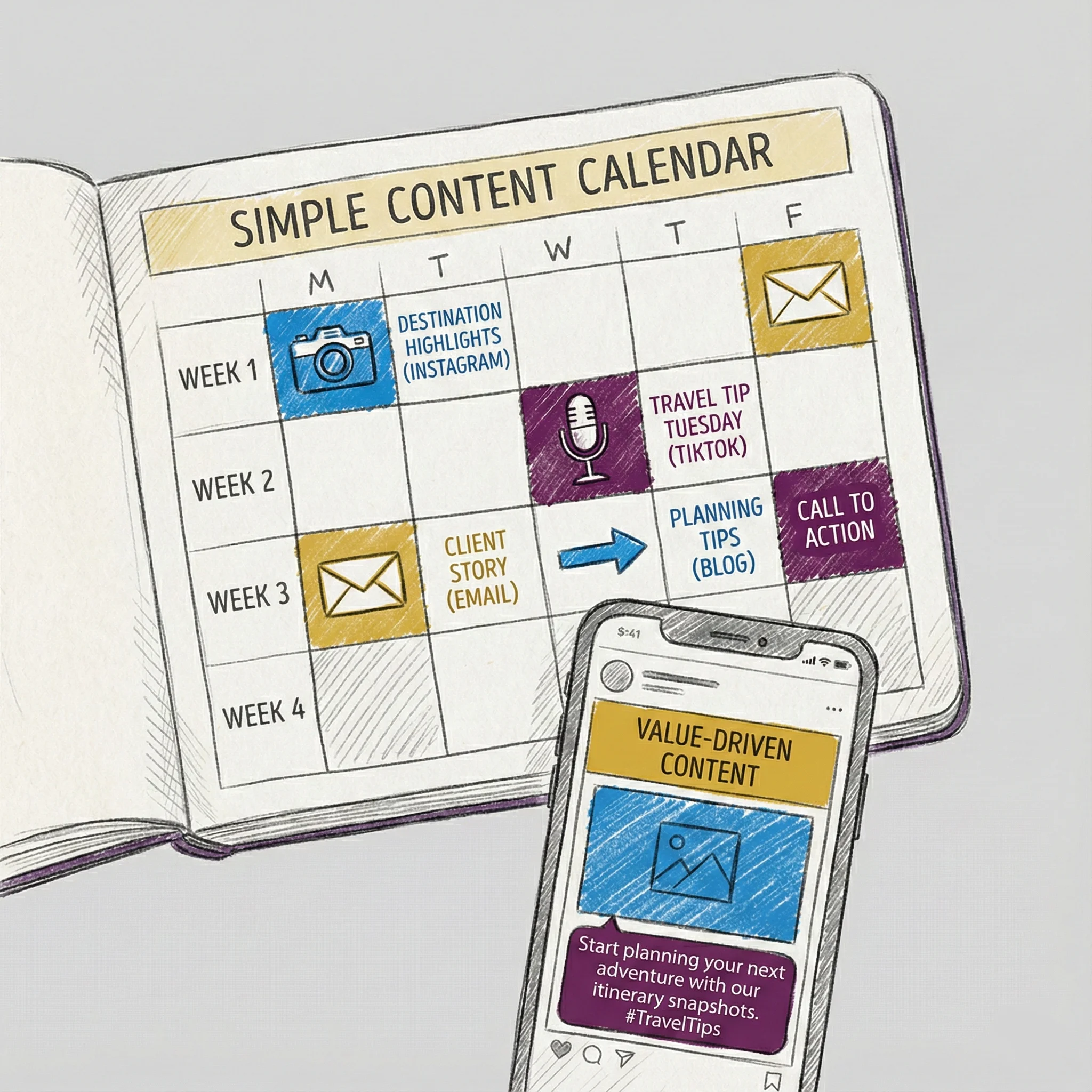 Simple content calendar mockup for new travel advisors. Shows a 4-week plan with value-driven content ideas for Instagram, TikTok, and email marketing (like destination highlights and travel tips).