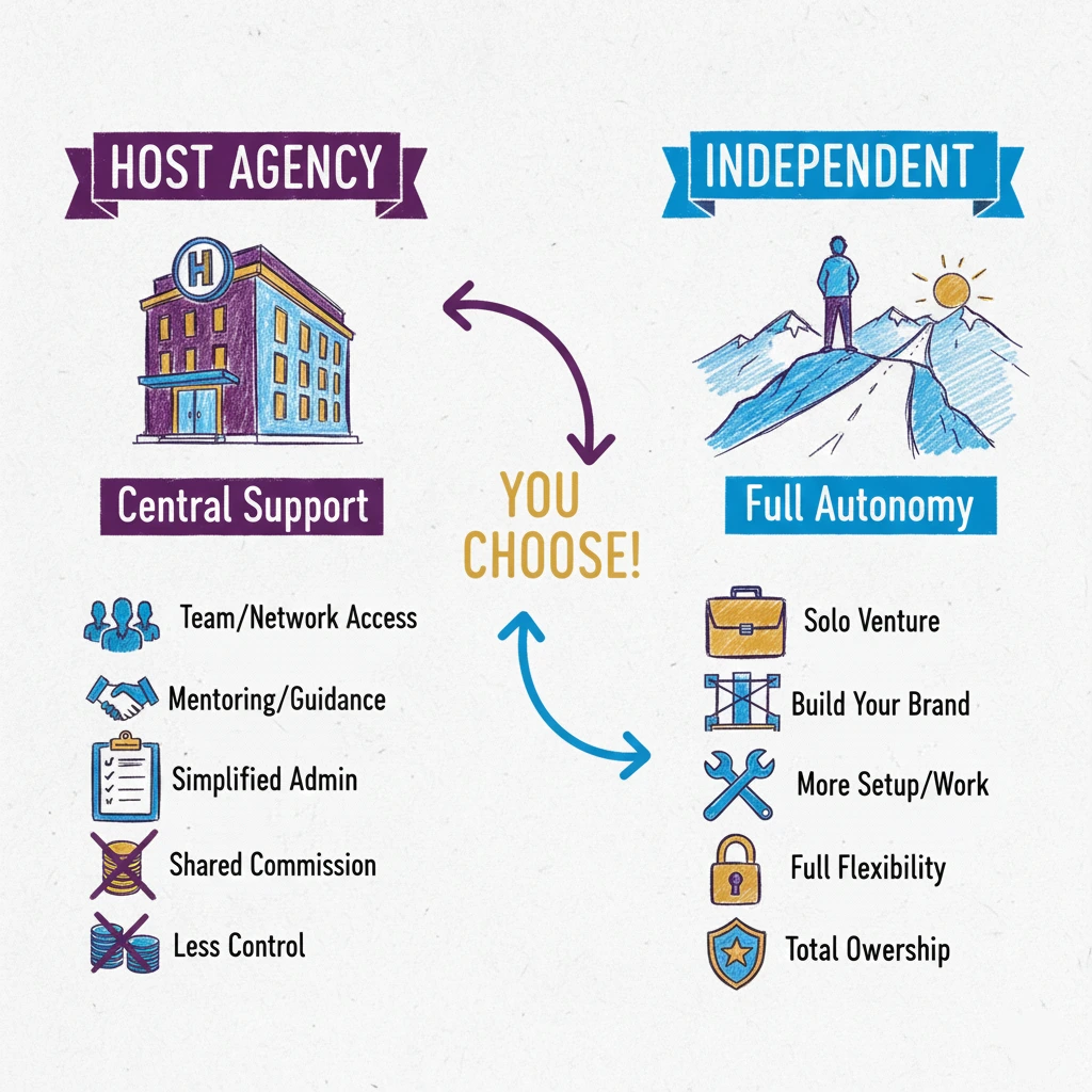 Side-by-side comparison of Host Agency versus Independent Travel Advisor benefits.