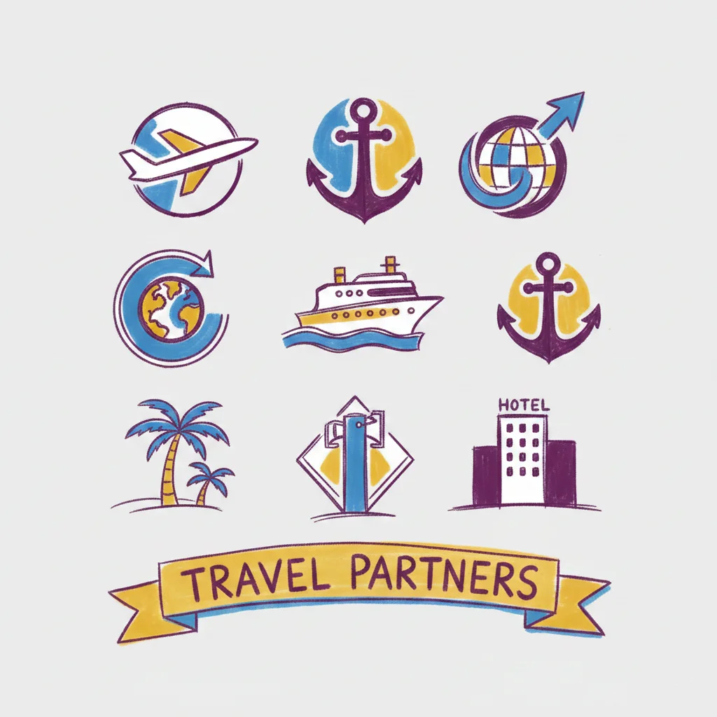 Sketched illustration showing key travel supplier partner logos for flights, cruise, and hotels, emphasizing the importance of strong vendor relationships for a travel advisor's success.