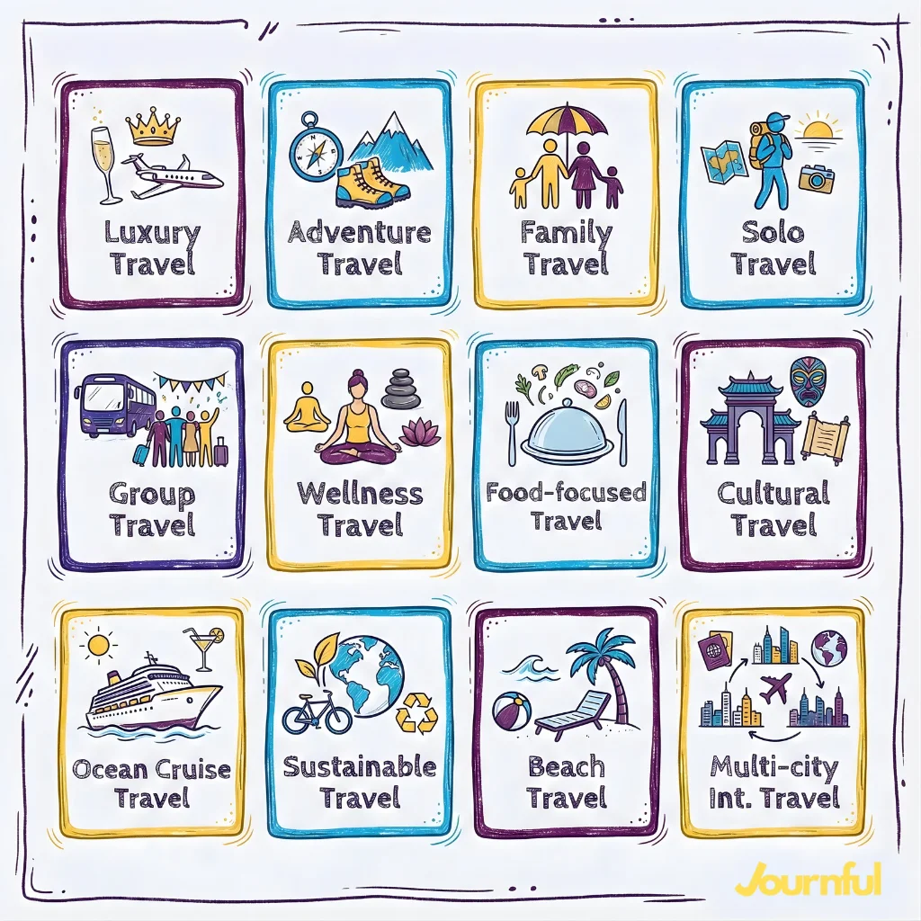 A graphic displaying 12 popular travel niches for travel advisors, including Luxury, Adventure, Family, Solo, Group, Wellness, Food-focused, Cultural, Ocean Cruise, Sustainable, Beach, and Multi-city International Travel. Each niche has a unique icon.